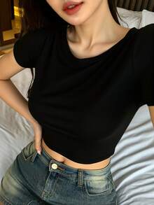 Playera crop top dama mujer manga corta cuello redondo basica suave comoda - Negro - Ver 3