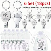 1/6 Set Elegant Wedding Favor Stainless Steel Keychains Set - With Multifunctional Heart Shaped Bottle Opener & Nail Clipper, Includes White Organza Bags & Thank You Tags, For Bridesmaids, Showers & Birthdays Party Gifts, Wedding Souvenir Suitable For Guests, Wedding Party Decoration Supplies, Bridal Gift