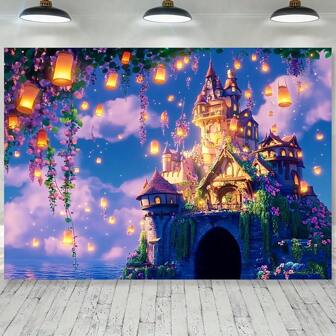 1 Magisk slottsbakgrund, Högt torn med långt hår Prinsessa, Ljusa lyktor på natten, Glittrande Island Castle, Födelsedagsfest Fotografibakgrund, Studiodekoration