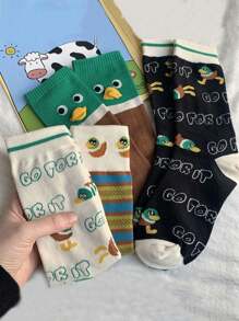 1 Par/2 Pares/4 Pares Meias Crew de Mulher com Estampa de Pato Fofa, Macia e Confortável, Design de Meia-Altura na Moda, Adequado para Feriados e Aniversários