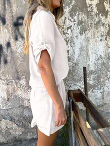 2pcs/Set Women Casual Loose Stylish And Elegant Shirt And Shorts White Summer - White - View 5