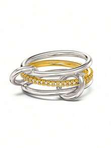 Fashionable Layerable Rings, Silver Tone Triple Linked Design With Delicate Cubic Zirconia, Jewelry Gift For Women
