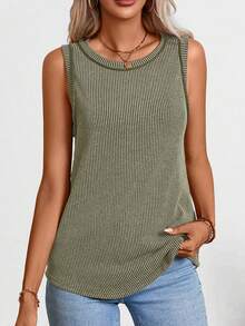 Women's Crew Neck Ribbed Top (Summer Edition) - Army Green - View 4