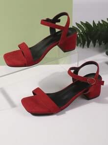 1 Pair Fashion Women's Chunky Heel Sandals, Solid Color Open Toe, Minimalist Chic Style, Suede Covered Heel, Fashionable European And American Design - Red - View 7