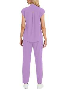 2件套女士纯色短袖立领上衣和裤子春季医护服套装 - 淡紫色 - 查看 3