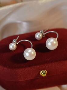 1 par de elegantes pendientes de perla de agua dulce con diseño de doble cara de plata de ley 925 para mujer, joyería dulce y encantadora, regalo para fiestas y cumpleaños