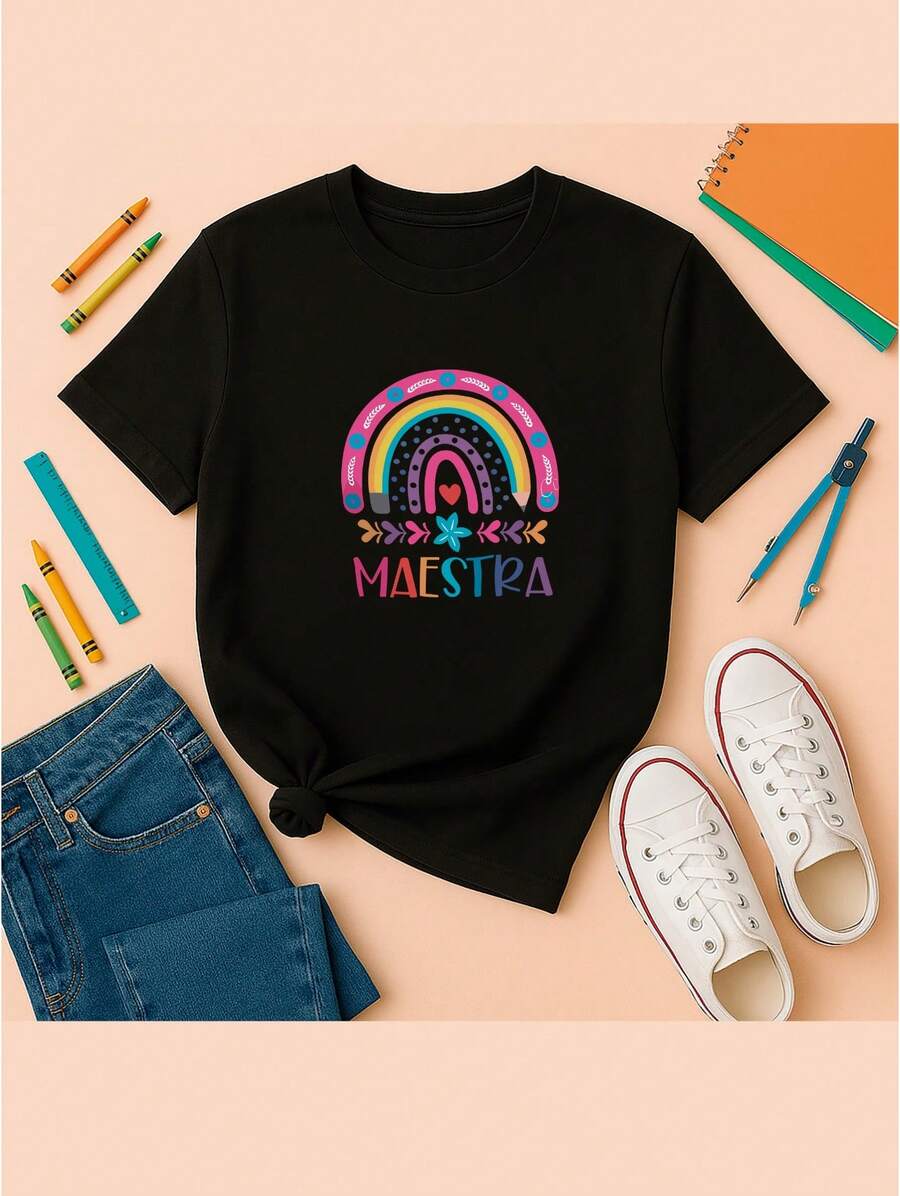 Playera casual de poliéster para mujer con estampado gráfico de dia del maestro , camiseta de punto de manga corta con cuello redondo para primavera y verano - Negro - Ver 1