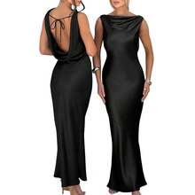 OYS Women's Satin Elegant Sleeveless High Neck Tie Cocktail Party Maxi Dress Fabric Formal - 藍色 - 查看 5