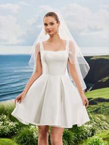 夏季巴洛克缎面生日派对婚礼宾客短礼服，白色优雅新娘送礼会礼服，新娘