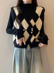 Alicedudu Women's Autumn/Winter Argyle V-Neck Cardigan Vest - Black and White - View 5