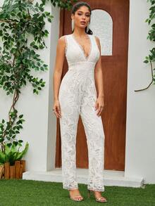 女式无袖 V 领高腰优雅蕾丝连体裤新娘婚礼其他服装