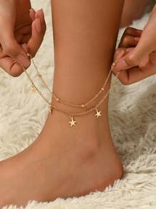 1pc Fashionable Starfish Double-Layer Tassel Golden Anklet, Suitable For Teenagers, Beach Decor For Summer Travel
