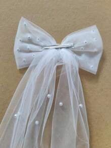 1 件优雅新娘面纱，人造珍珠和蝴蝶结装饰新娘发夹饰品，白色薄纱网眼婚礼新娘面纱，长尾夹适用于婚礼单身派对装饰、圣诞节