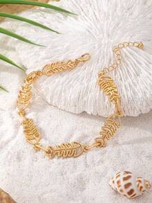 1pc Women Fishbone Design Anklet, Stylish & Delicate, Suitable For Summer Party & Vacation Outfit - Golden - View 4