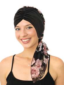 1pc European And American Style Floral Pleated Headband Cap For Women, Fashionable Printed Chiffon Long Tail Headdress Cap