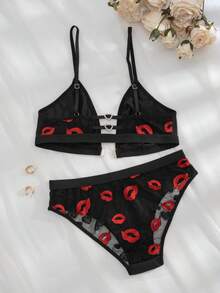 2pcs Women Front Closure Bra And Panty Set With Mesh Patchwork Heart & Lip Print - Black - View 10