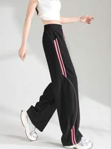 Casual Loose Drawstring Pocket Stitching Color Contrast Trousers,
