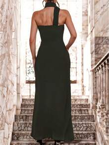 Vestido Largo Escote Asimétrico con Detalle de Lazo en el Cuello - Verde militar - Ver 3