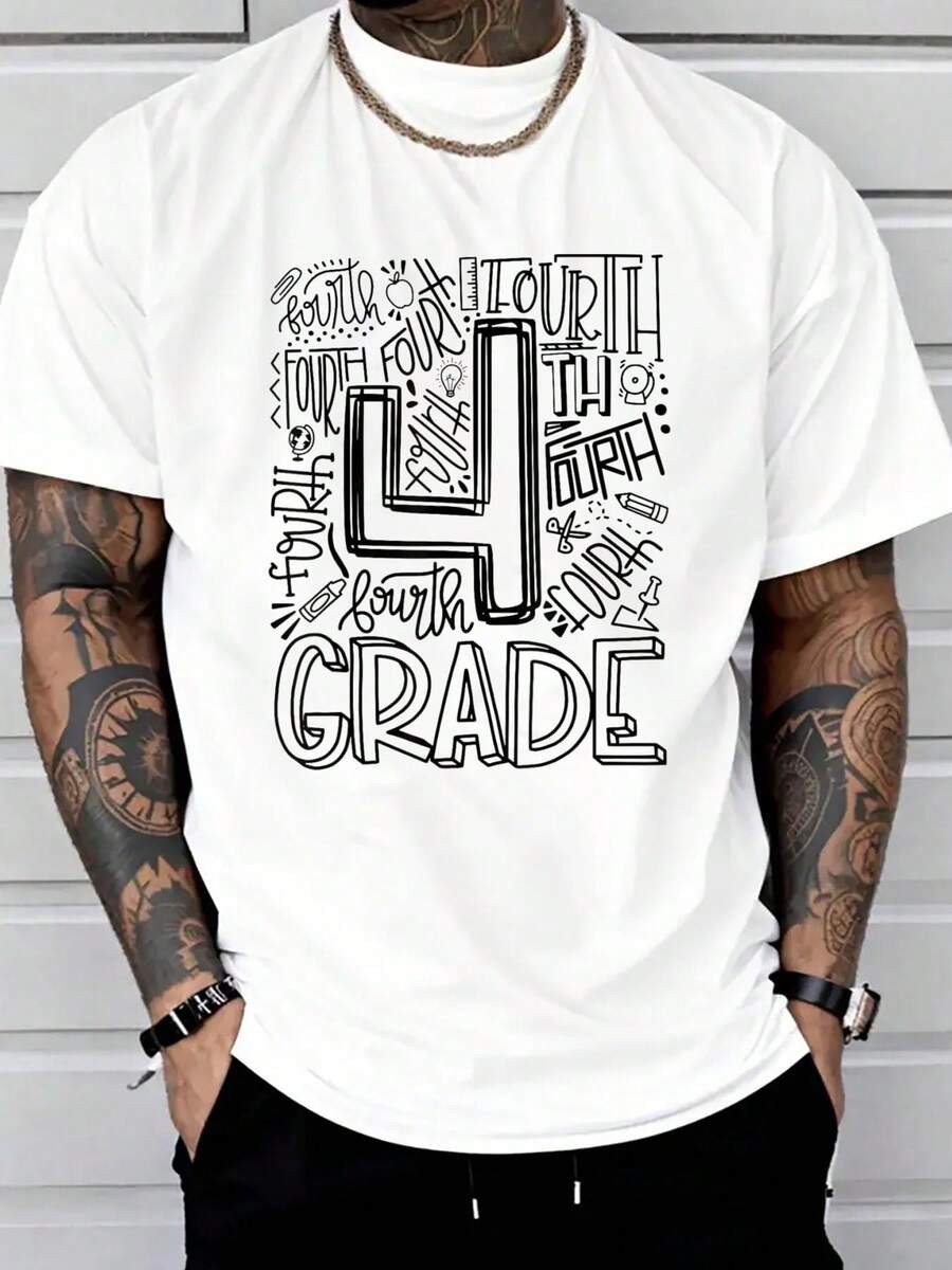 Fourth 4th Grade Typography Back To School T-Shirt Print T-Shirt Casual Crew Neck Short Sleeve Comfort Tee Top For Spring & Summer Men's Clothing - 白色 - 查看 1