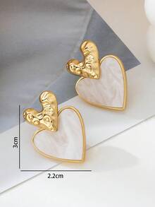 1 Pair Vintage Textured White Heart Stud Earrings For Women, Suitable For Weddings, Parties, And Daily Wear - White - View 5