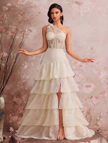 Women's Corset Fishbone Handmade 3D Flower Embroidered Sequin Slanted Shoulder Slit A Line Sexy Dress Adjustable Back Strap Suitable For Different Body ,Elegant Luxurious Long Dress For Women, Making Women Younger And More Charming, Suitable For Various Parties, Graduations, Weddings, Events And Various Banquets Dancing Parties, Formal Ball Gown Party Dress, Wedding Guest Dress ,Evening Dress(Deluxe Edition) - 杏色 - 查看 4