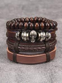 1 Set Of 4pcs Red Fashion Leather Bracelets, Unisex Adjustable Braided Leather Multi-Layers Bracelet, Retro Cuff Suitable For Daily Wear - Bracelet - View 17