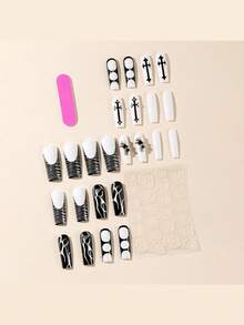 24Pcs Black Coffin Nails With Leopard Print, Asymmetrical Lines, Rhinestones And Starry Design, Full Coverage Removable False Nails, Suitable For Women Daily And Party Wear Press On Nails Nail Supplies Nails - Multicolor - View 3