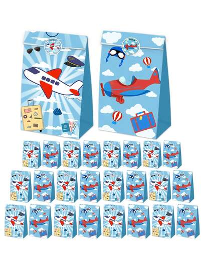 12/24pc Cartoon Airplane Goodie Bags Kraft Paper Candy Bag With Stickers Aviator Adventure Theme Birthday Party Supplies Kids Gifts(No Stickers Included In The Report)