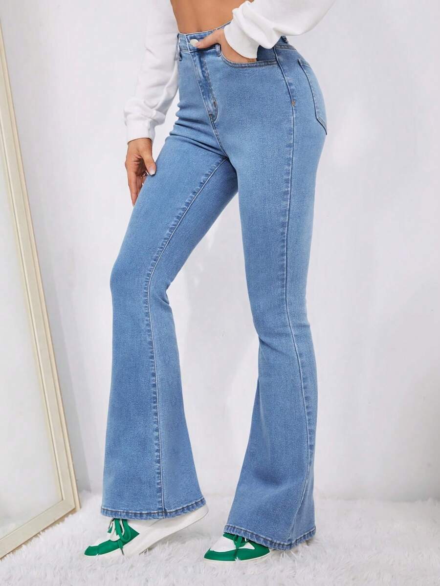Jeans acampanados de cintura alta para mujer, estilo vintage, con detalle fruncido, cierre de botón y cremallera, múltiples bolsillos, mezclilla lavada azul sólido, elástico de alta elasticidad, para usar en todas las estaciones - Azul - Ver 1