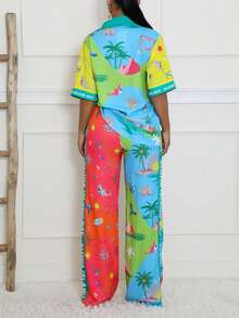 Women's Colorful Printed Two-Piece Set, Casual Short Sleeved Shirt&Wide Leg Pants Suitable For Vacation&Beach ﻿