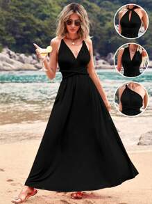 Women Casual Vacation Sexy Solid Color Halter Backless Cinched Waist Dress