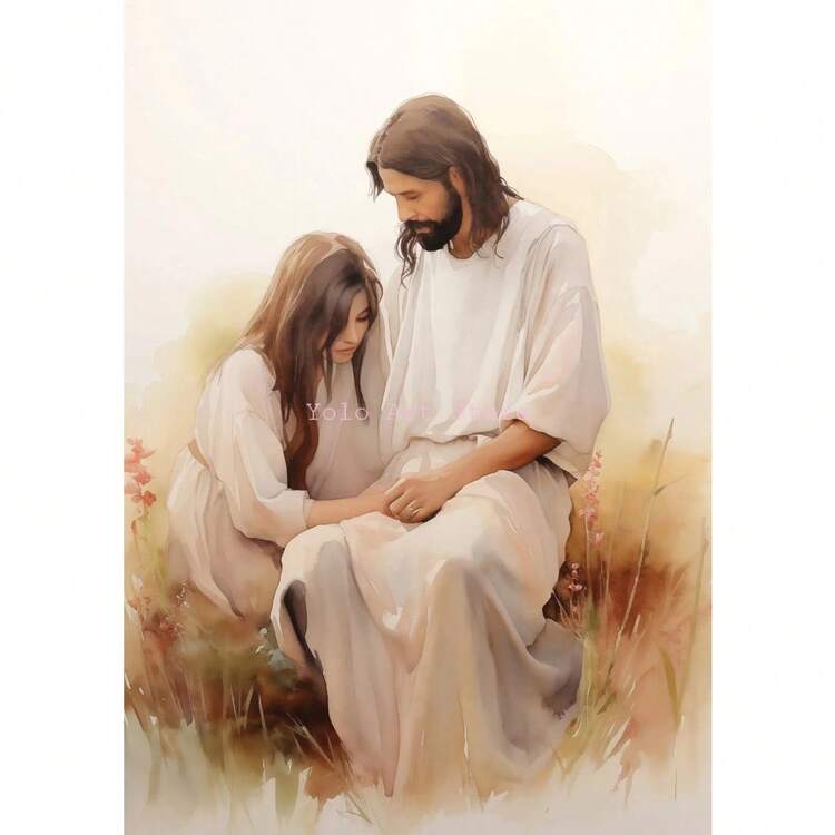 1 pieza Impresión en lienzo de Jesús rezando con una oveja, arte de pared cristiana para la decoración de la sala de estar, póster opcional con marco - Multicolor - Añade 17