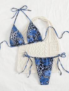 Bộ 2 món bikini gợi cảm hở lưng, họa tiết hoa và da báo, phong cách Bohemian, thích hợp cho bãi biển và kỳ nghỉ hè. - Màu xanh bụi bặm - Xem 3