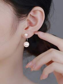 1 par de elegantes pendientes de perla de agua dulce con diseño de doble cara de plata de ley 925 para mujer, joyería dulce y encantadora, regalo para fiestas y cumpleaños