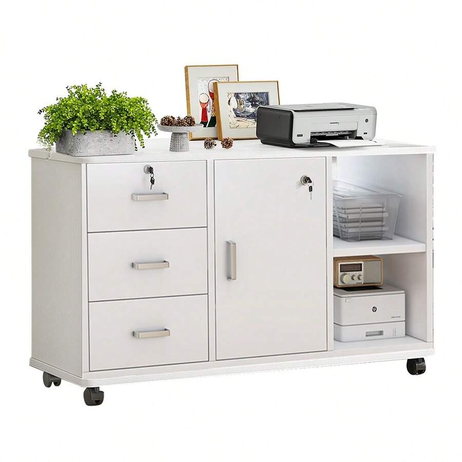 Archivador de 3 cajones, archivador lateral extraíble, soporte para impresora con estantes de almacenamiento abiertos para oficina en casa - Blanco - Ver 1