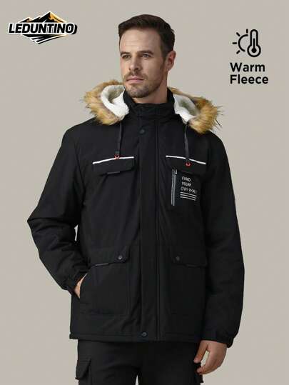 LEDUNTINO Męska modna kurtka polarowa z zamkiem błyskawicznym, swobodna, outdoorowa, gruba, ciepła, sportowa, jednolita, bordowa, zielona, prezent dla chłopaka, męska zimowa jesień z nadrukiem, odpinany kaptur, wiele kieszeni, kurtka wiatrówka, wiosenno-jesienny płaszcz męski
