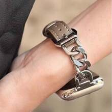 Pulseira feminina de couro legítimo com fivela de metal em formato de V e design de cintura fina, pulseira de corrente de aço inoxidável compatível com Ultra2/SE/série 10/9/8/7/6/5/4/3/2/1, 38 mm/40 mm/41 mm/42 mm/44 mm/45 mm/49 mm, hipoalergênica, macia e respirável para moda diária e empresarial