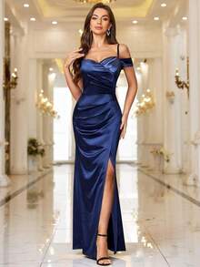 53300 Women's Sexy Off Shoulder Satin High Split Wrap Ruched Style Evening Party Maxi Dress - Black - View 3