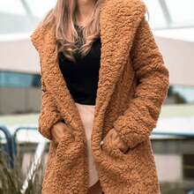 Women's Teddy Coat With Hood And Pocket For Winter - Kamel - Visa 2