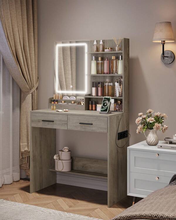 Hzuaneri Toeletta, Tavolo da Trucco con Specchio e Luce LED, 2 porte AC e 2 porte USB, con 2 cassetti e 4 ripiani aperti, per camera da letto, stanza della polvere, stile moderno, Bianco