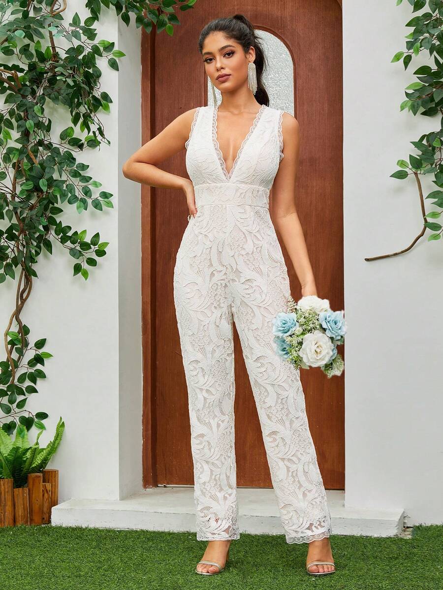 女式无袖 V 领高腰优雅蕾丝连体裤新娘婚礼其他服装