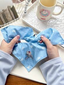 1pc Sweet Collegiate Bowknot Print Blue Square Scarf Hair Tie, Cute Teddy Bear Cartoon Soft Fabric Ponytail Holder, Versatile & Minimalist Ponytail Holders Hair Elastics Hair Rubber Bands Scrunchies Hair Rope Elastic Hair Tie