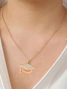 Goodwaro 1pc Graduation Rhinestone Decorated Alloy Mortarboard Pendant Necklace, 2025 Women Graduation Jewelry Gifts - Gold - View 9