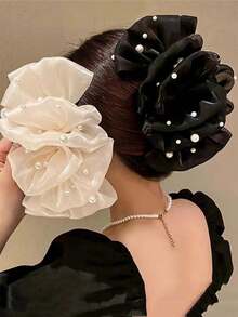 1pc Women's French Retro Organza Pearl Hair Scrunchie, Fashionable High-End Hair Accessory, Mesh Hair Decoration ,Ponytail Holders ,Hair Elastics ,Hair Rubber Bands ,Hair Rope ,Elastic Hair Tie - Black and White - View 4