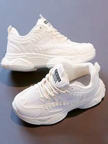 Nuevos niños antideslizante zapatillas de deporte de suela gruesa, la moda de encaje de cabeza redonda de los niños pops zapatos de suela gruesa, adecuado para los viajes diarios, deportes, parques de atracciones, la escuela - Blanco - Ver 4