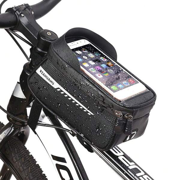Waterproof Bicycle Front Frame Bag With TPU Touch Screen Visor And Raincover - Bike Storage And Phone Holder Suitable For Mountain Bikes (Fits Phones Up To 7 Inches)