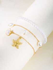3pcs Fashionable Elegant Versatile Niche Design Starfish, Shell & Pearl Pendant Anklet Set, Suitable For All Occasions, Great Gift Choice