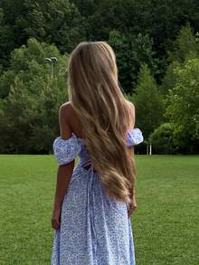 WOWDARK Women's Winter Ditsy Floral Backless Split Dress With Puff Sleeves, Elegant Party Dress Suitable For Valentine's Day, Dates, Gatherings, Parties, Travel, Vacation, Beach And More - Blue - View 7