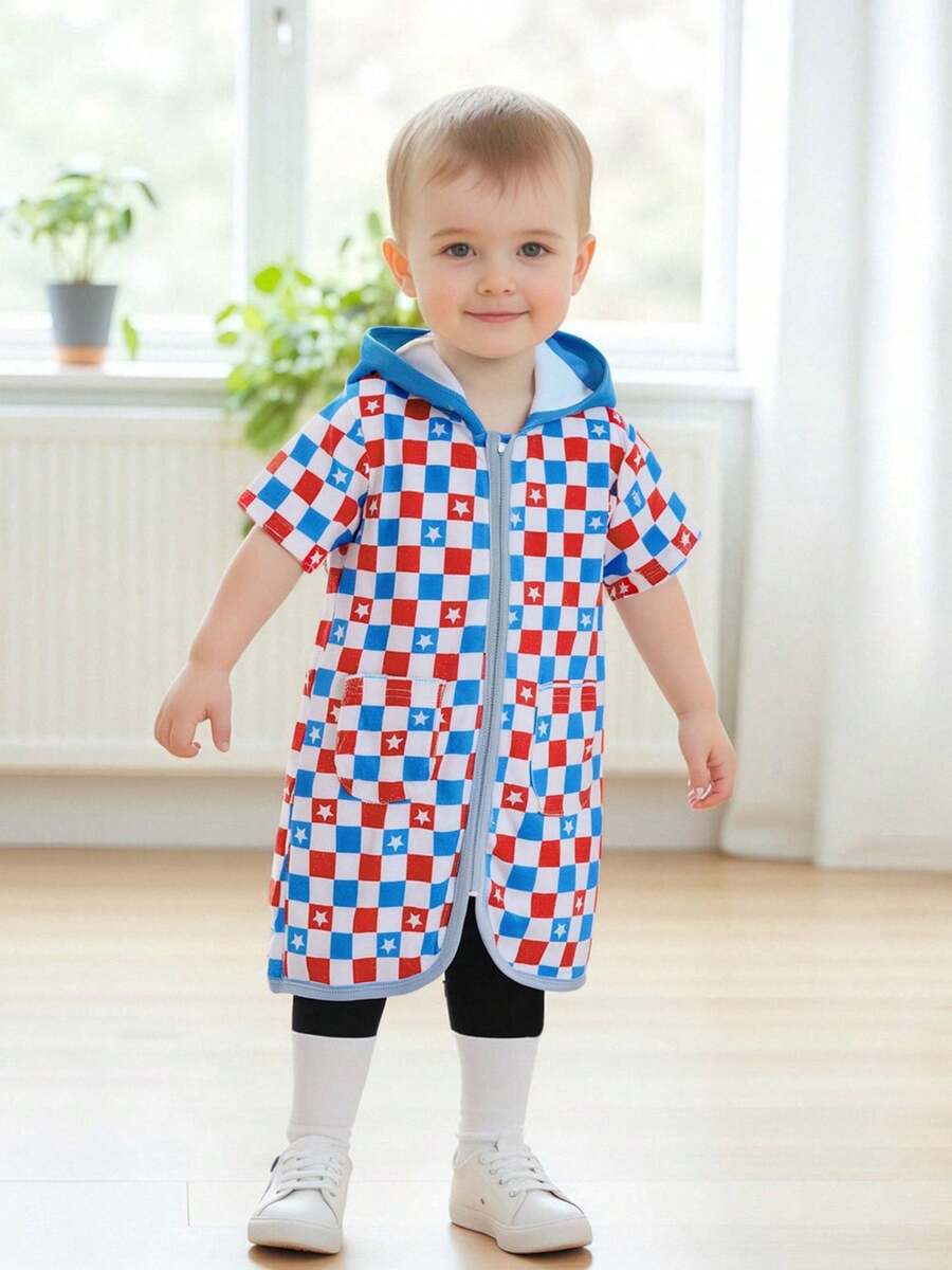 Kids Girls Swimsuit Cover Up Summer Patriotic Plaid Star Print Zipper Hoodie Beach Cover Up For Toddler Bathing Suit - Multicolor - View 1