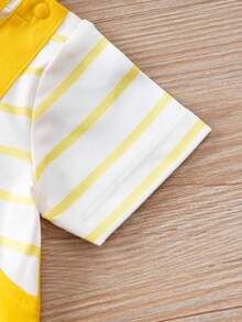 男婴卡通大象围兜二合一条纹短袖连体衣，夏季 - 黃色 - 查看 6